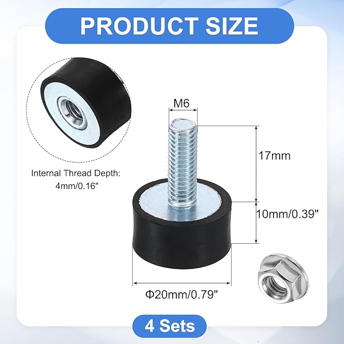 uxcell M6 Rubber Mounts, 4Pcs 20x10mm(DxH) Rubber Cylindrical Anti Vibration Isolator Shock Absorber with Lock Nut for Car Bobbin Generator Air Compressors