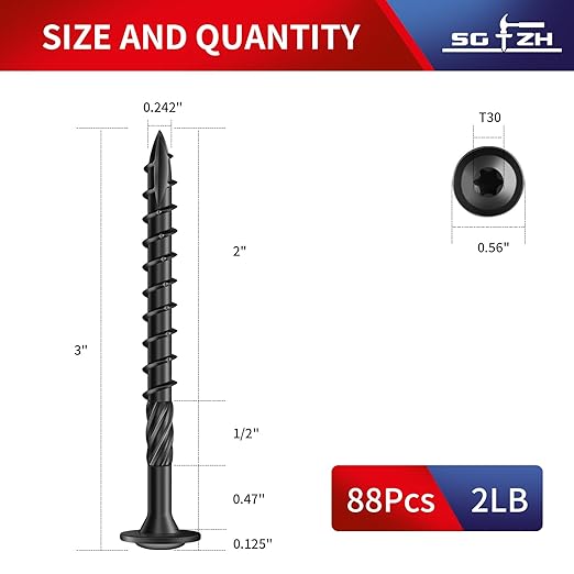 #14 x 3 Inch Lag Screws (88Pcs) 2lb. Structural Wood Screw, Black, Carbon Steel, Washer Head, Rust Resistant epoxy Coated, T30 Star Bit