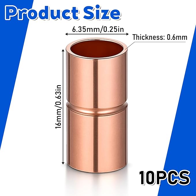 10 Pcs Straight Copper Fittings 1/4 Inch Copper Pipe Welding Joint Pipe Coupling Fittings for HVAC Air Conditioning