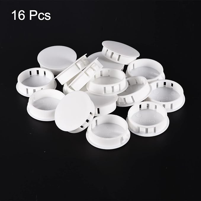 uxcell 1-1/2" Plastic Hole Plugs, 16Pcs Flush Type Panel Round Snap in Fastener Knockout Locking Plugs for Furniture Insert End Caps Panels, White
