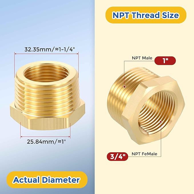 2 Pack Brass Pipe Fittings, 1" Male NPT to 3/4" FeMale NPT Brass Hex Bushing Reducer, Hose Tube Threaded Adapter Suitable for Air, Oil, LP, Gas