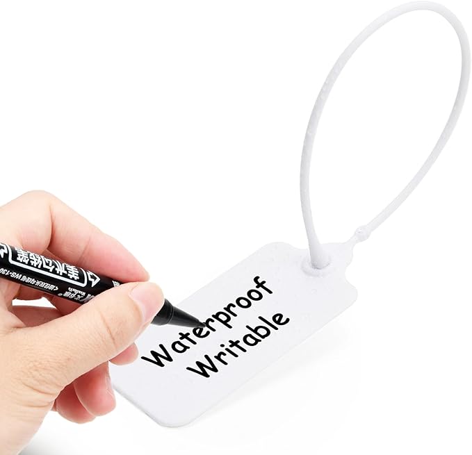 100 White Blank Plastic Tags for Labeling Waterproof Hanging Labels Writable Tags Seal Plastic Marking Label for Clothes Bags Keys Inventory with One Marker Pen