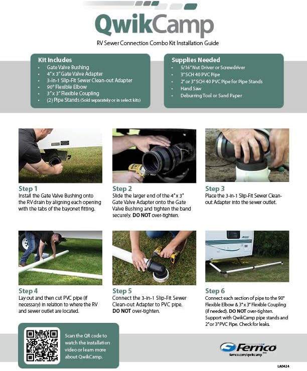 Fernco QwikCamp RV and Camper Sewer Waste Plumbing Connection System Kit with Slip Fit Coupling Adapter for 3-in. PVC Pipe and Pipe Stands in White