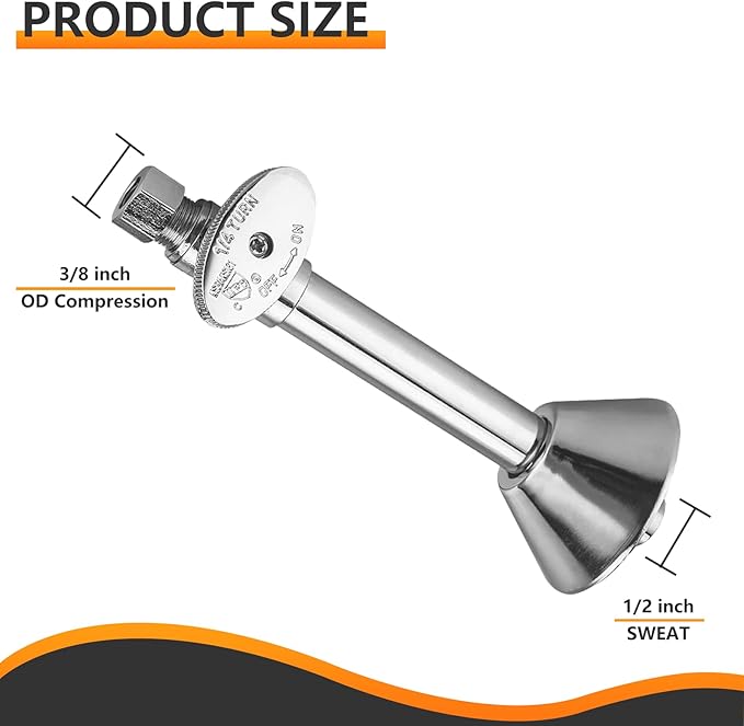 20-PCs HeSun Straight Stop Valve with 5-Inch Copper Sweat Tube Extension, 1/2" Sweat x 3/8" OD Compression Straight Stop, 1/4 Turn Shut Off Valve for Bathroom(VALVE146-20)