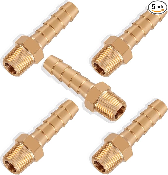 5pcs Brass Hose Barb Fittings 1/4 Inch Barb to 1/8 Inch NPT Male Thread Air Hose Fittings Adapter Connector Water Fuel Air Line Fittings 1/4” Barb × 1/8” NPT Brass Fittings