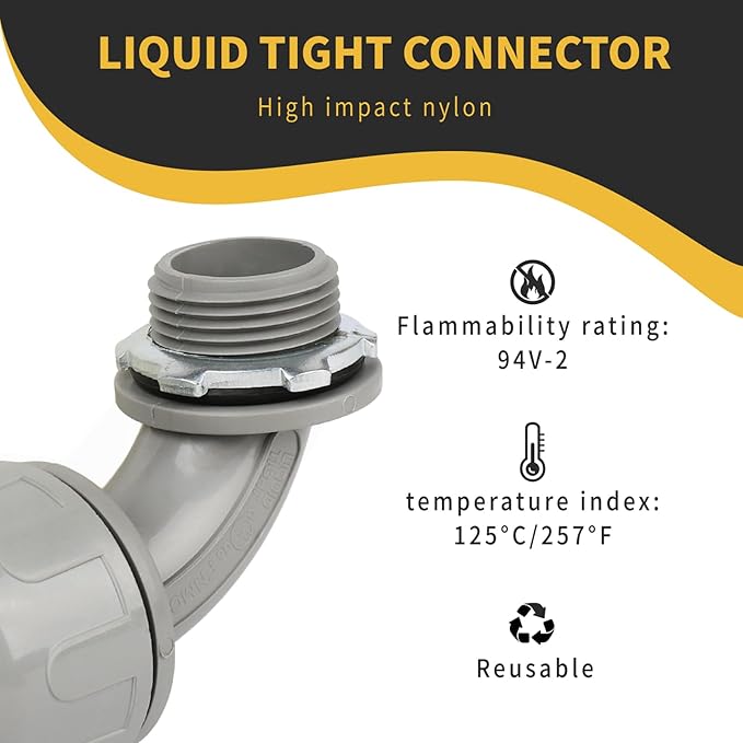 Conduit Connectors, 3/4 Inch Liquid Tight Connector NPT Non-Metallic for PVC Electrical Flexible Conduit Fittings, 90 Degree, UL Listed for Home Outdoor Tubes Tools, Grey (16-Pack)