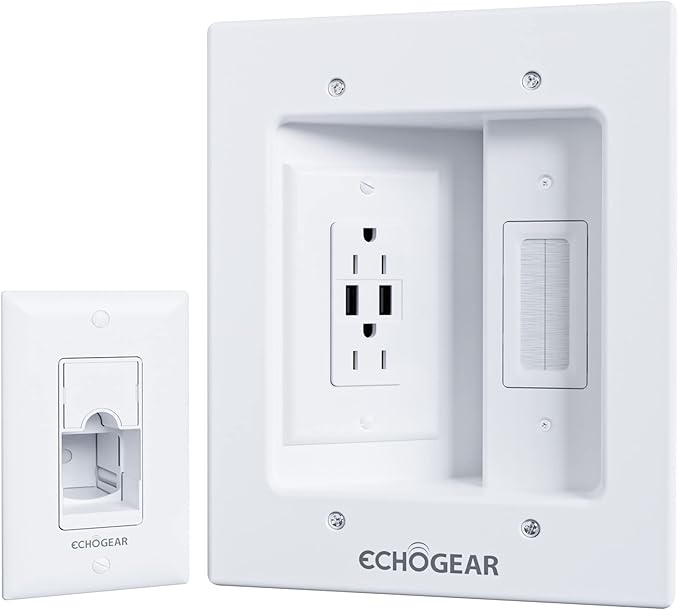 ECHOGEAR TV Cord Hider for Wall Mounted TV with 2X AC Outlets & 2X USB-A Ports - Hide Power Cables & Low Voltage Wires Behind The Wall - Includes Template, Saw, & Low Profile Extension Cord - White