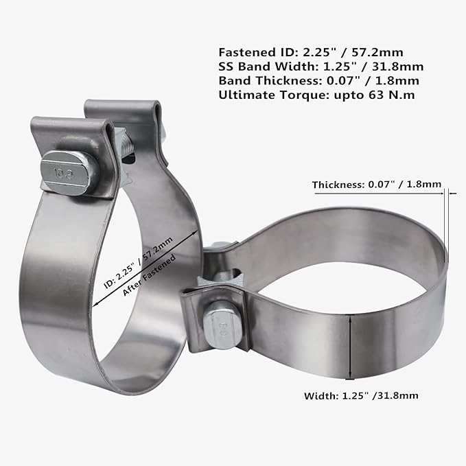 ROADFORMER 2.25 inch Exhaust Clamp Narrow Band Stainless Steel for Exhaust Pipe, Muffler and Exhaust System Repair (2 Pack)