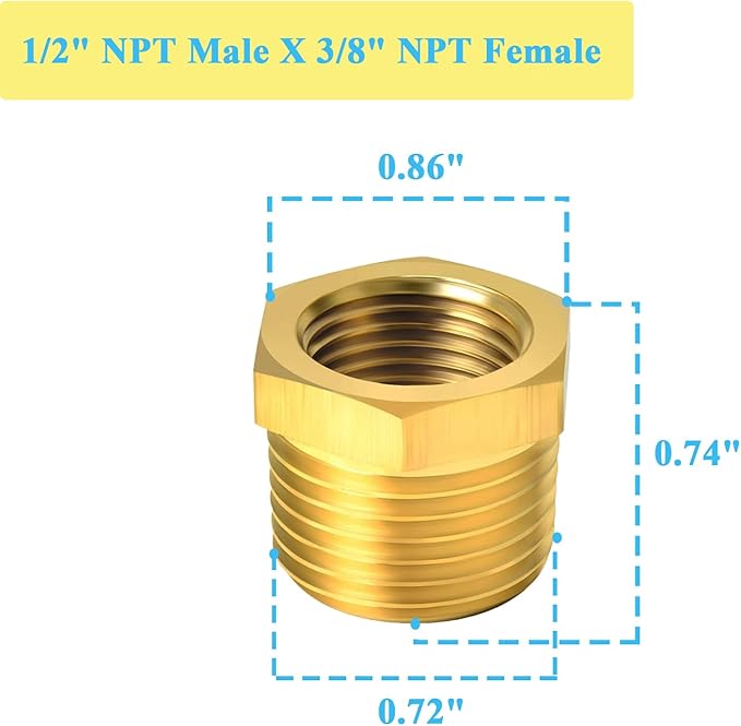 6 PCS Brass Reducer Hex Bushing Threaded Pipe Fitting 1/2" NPT Male x 3/8" NPT Heavy Duty Brass Fitting Pipe Hose Tube Adapter Convert