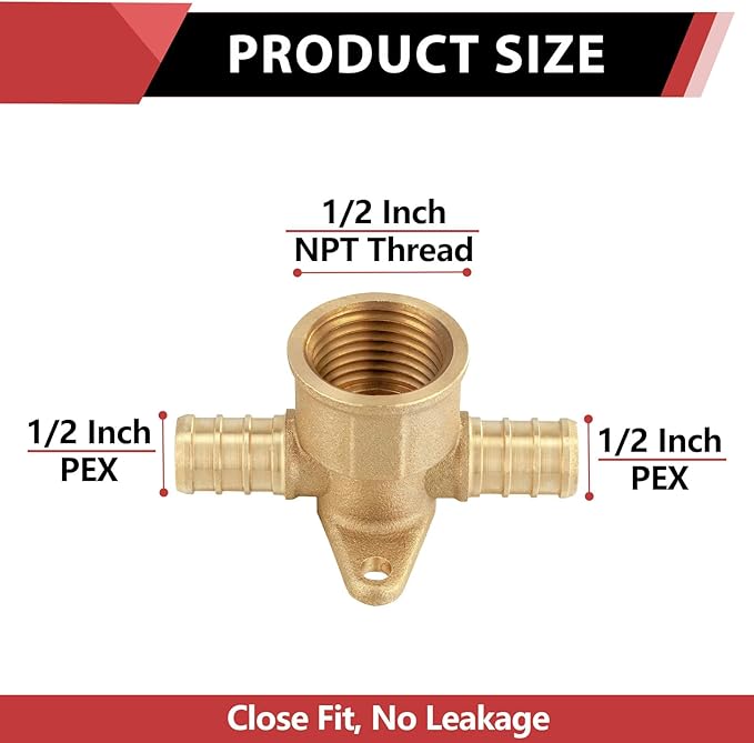 4-Pack EFIELD 1/2" Pex x 1/2" Pex x 1/2" Female NPT Drop-ear Tee, Barb Crimp Pex Brass Fitting, ASTM F1807,(PEX1807250)