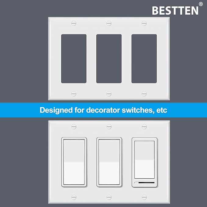 [2 Pack] BESTTEN 3-Gang Decorator Wall Plate, GFCI Outlet and Dimmer Switch Cover with 3 Decorator Openings, Standard Size, H4.53” x L6.38”, Unbreakable Polycarbonate, UL Listed, White