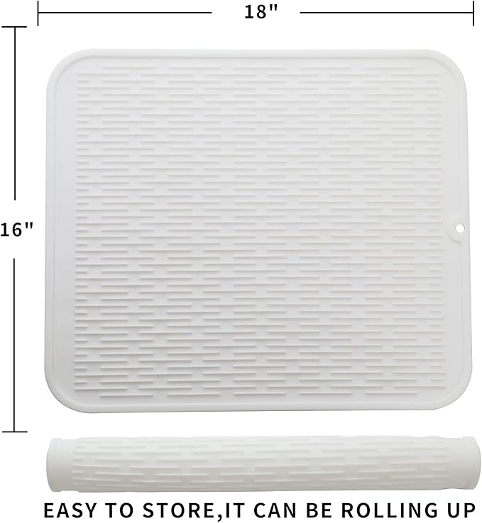 Silicone Dish Drying Mat for Multiple Usage,Easy clean,Eco-friendly,Heat-resistant Silicone Mat for Kitchen Counter or Sink,Refrigerator or Drawer Liner White XL 18 inches x 16 inches