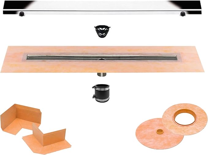 All-in-one Waterproof Linear Shower Drain Kit with 28 Inch Center Outlet Channel Body (KL1V60E70) and Drain Grate Assembly (Cover) in Solid Design with Chrome Finish (KL1AR19EP70)