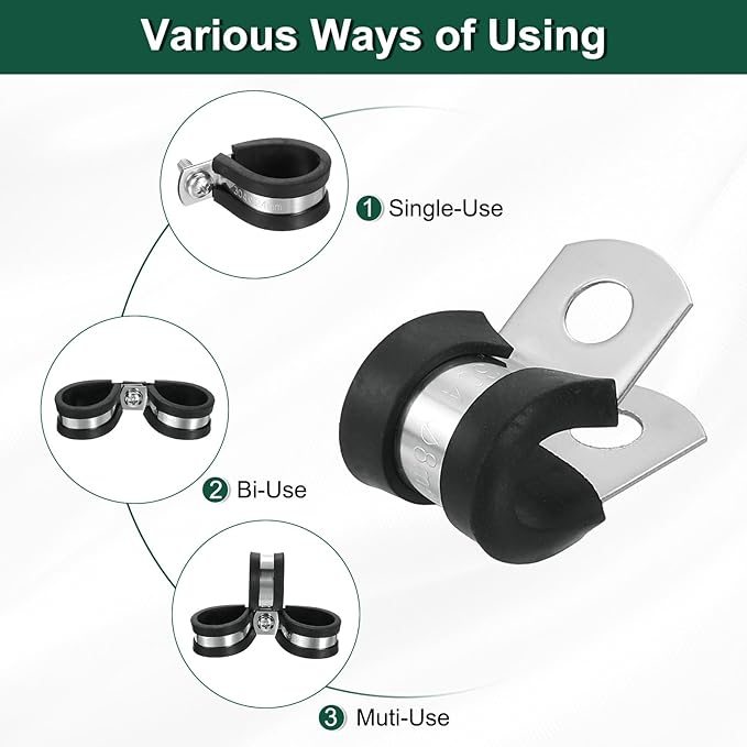 uxcell 5/16"(8mm) Cable Clamp, 304 Stainless Steel Rubber Cushioned Insulated Clamp R Shape Metal Clamp Tube Holder for Pipe Hose Wire Cord Installation 16Pcs