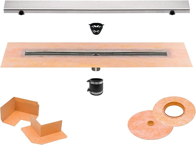 All-in-one Waterproof Linear Shower Drain Kit with 48 Inch Center Outlet Channel Body (KL1V60E120) and Drain Grate Assembly (Cover) in Solid Design with Brushed Stainless Steel Finish (KL1AR19EB120)