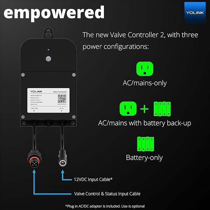 YoLink Wireless Smart Valve Control Kit, NSF Certified 1/2" Stainless Steel Motorized Valve, Wireless Controller 2, LoRa Long Range, D2D Offline with Leak Sensors, 2 Years Battery Backup