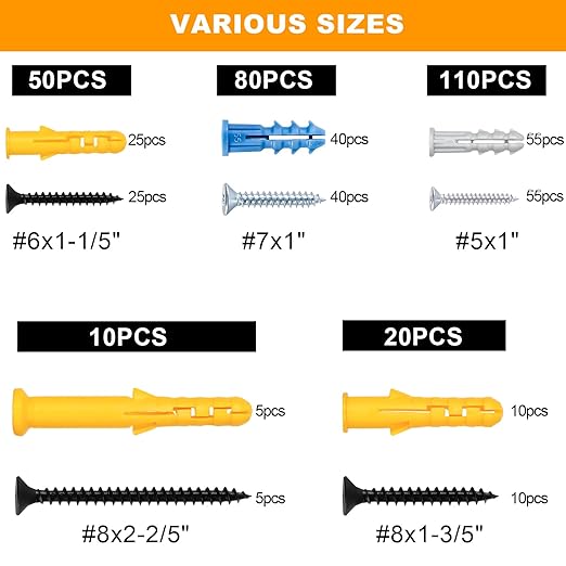 KURUI Wall Anchors Kit for Hanging Wall Art Decor/Picture Frame, Replace Picture Hanging Nails with Dry Wall Anchors, 270Pcs Picture Hangers and Screws Assortment Kit for Drywall Concrete Brick