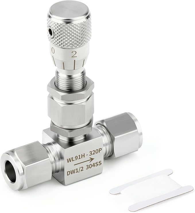 TAISHER 1PCS 304 Stainless Steel Reduce Port 3mm Needle Valve 1/2" OD，Accurate Dials For Micro Flow Control Instrument Gauge Water Gas Oil