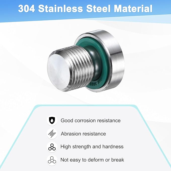 2-Pack Inner Hex Head Pipe Fitting Plug, M12x1mm 304 Stainless Steel Socket Bung Plug with Fluorine Sealing Ring for Terminate Pipe Ends/Replacement Drains