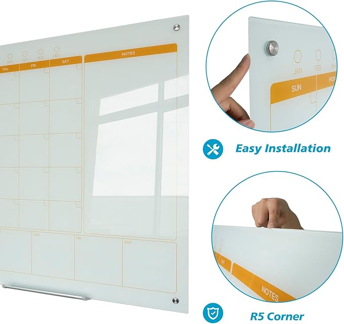 Magnetic Glass Planner Writeboard 36"X48" Monthly/Weekly 3 in 1 Calendar Premium Tempered Glass Dry Erase Boards Frameless Wall Mounted (White)