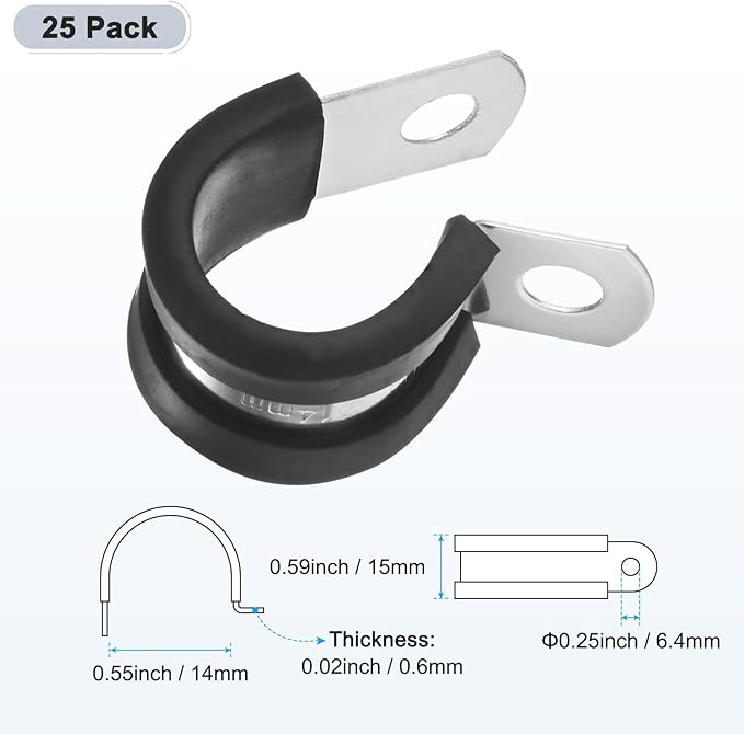 25-Pack Cable Clamps, 9/16 Inch/ 14 mm 304 Stainless Steel Rubber Cushioned Insulated Cable Clamp R Shape Metal Holder for Tube/Wire/Pipe/Loop Installation
