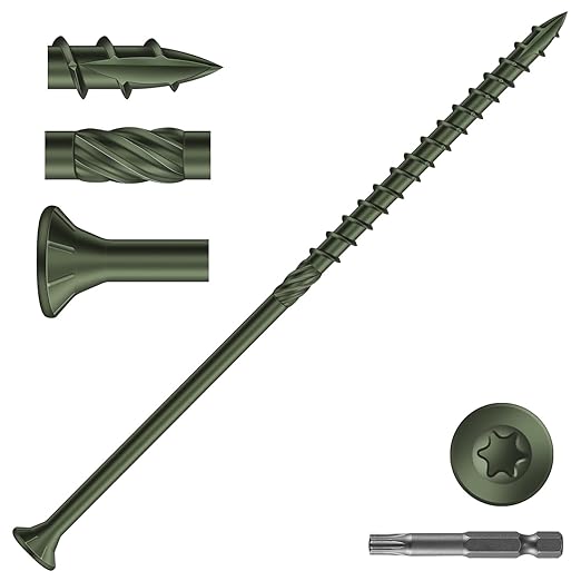#14 x 7 Inch Deck Screws (19Pcs) 1lb. Carbon Steel, Green, Flat Head, Rust Resistant epoxy Coated, with T30 Star Bit