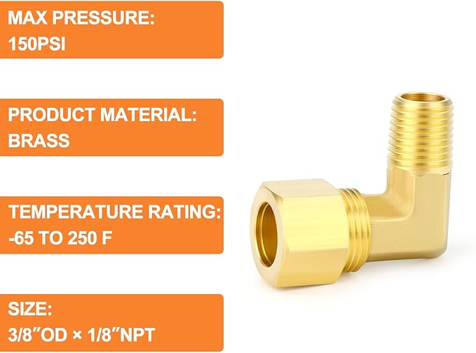 GASHER 5PCS Brass 90 Degree Elbow Compression Tube Pipe Fitting Connector, 3/8" Tube OD x 1/8" NPT Male Connector