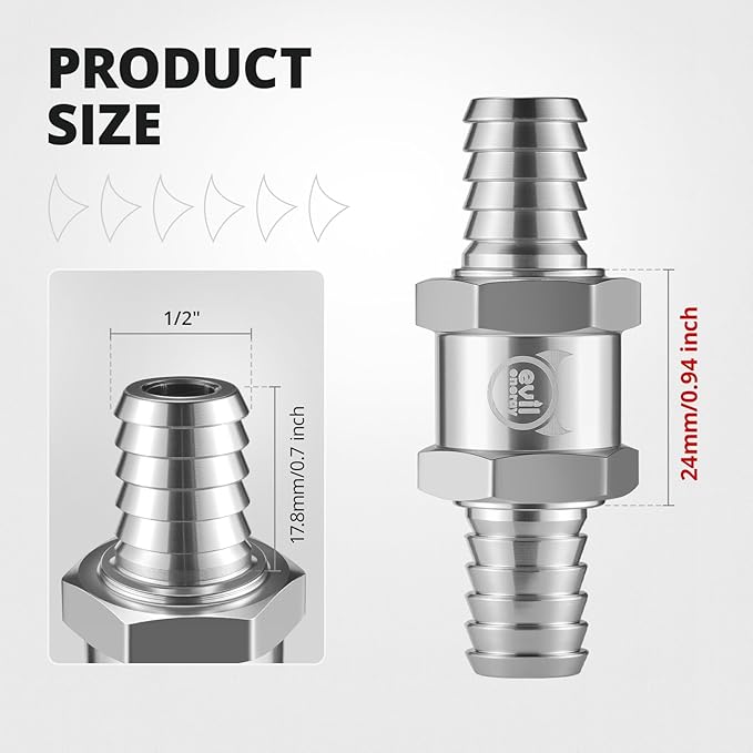 EVIL ENERGY 1/2" (12mm) Check Valve, 2 Pcs Aluminum One Way Fuel Check Valve for Gasoline, Diesel & Coolant with Universal Hose Clamps, Silver