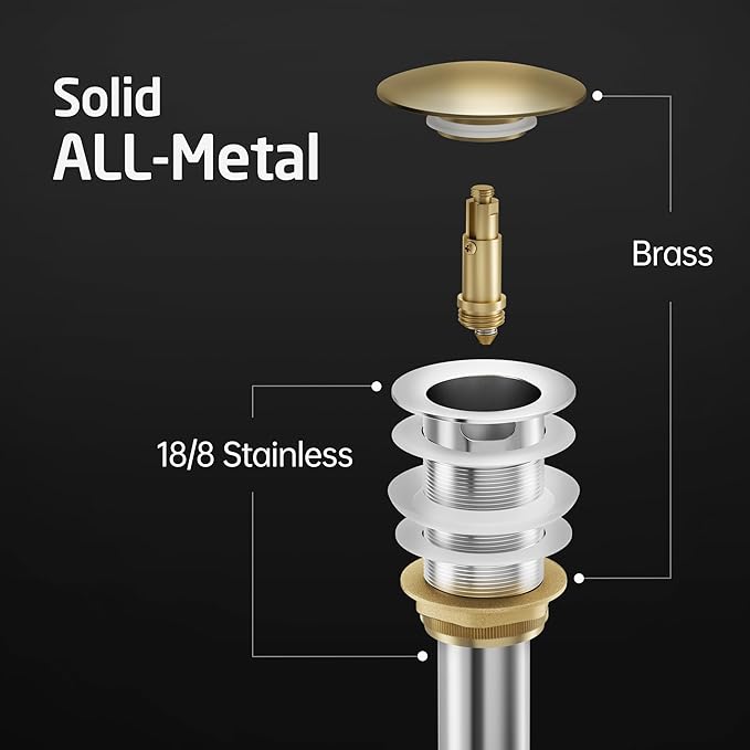 KES Bathroom Sink Drain with Overflow Vessel Sink Stopper Pop Up Drain Assembly Matt Black for 1.6"-1.9" Sink Hole, All Metal Rustproof Brass and 304 Stainless Steel, S2008A-BK
