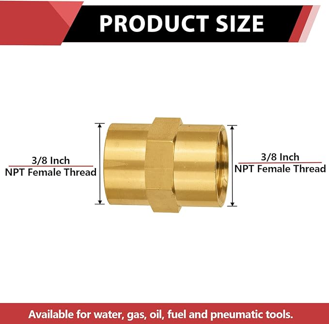 (Pack of 2) EFIELD 3/8" x 3/8" Female NPT Coupling, Soild Brass Hex Nipple Brass Pipe Fittings,(NPT070)