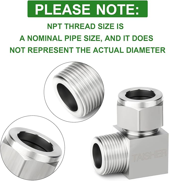 TAISHER 2PCS 304 Stainless Steel Square 90 Degree Compression Tube Pipe Fitting Connector, 3/8" Tube OD x 1/4" NPT Male Adapter