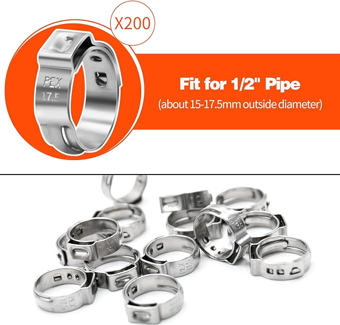 200 Pack 1/2" PEX Cinch Clamps, Stainless Steel Single Ear Hose Clamps