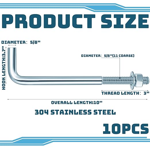 10 Pcs J Bolt Galvanized Anchor Bolts Galvanized Concrete Fastener Concrete Cement Post Anchor with Nuts and Washers for Foundation Wall Hardware Brick Projects, Gray(5/8-11 x 10)