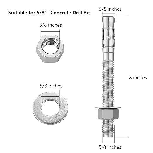 5Pcs 5/8x8 Inch Standard Fasteners for Heavy-Duty 304 Stainless Steel Wedge Anchors for Cement and Concrete