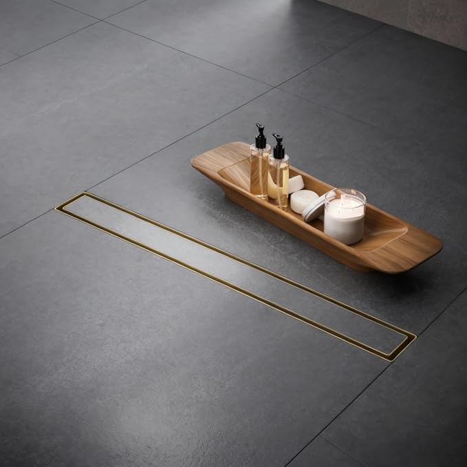 Linear Shower Floor Drain, Brushed Gold 12 Inch 304 Stainless Steel Bathroom Drains Kit, Rectangular Shower Trench Drain with Reversable Tile-in Pattern Drain Cover & Hair Catcher