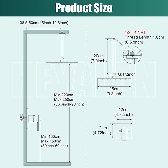 Heyalan Shower Faucet Set Square Stainless Steel Bathroom Rainfall Shower System One Handle Single Function Shower Trim Kit with Rough-in Valve Male Thread,Ceiling Mount,10 Inch,Oil Rubbed Bronze