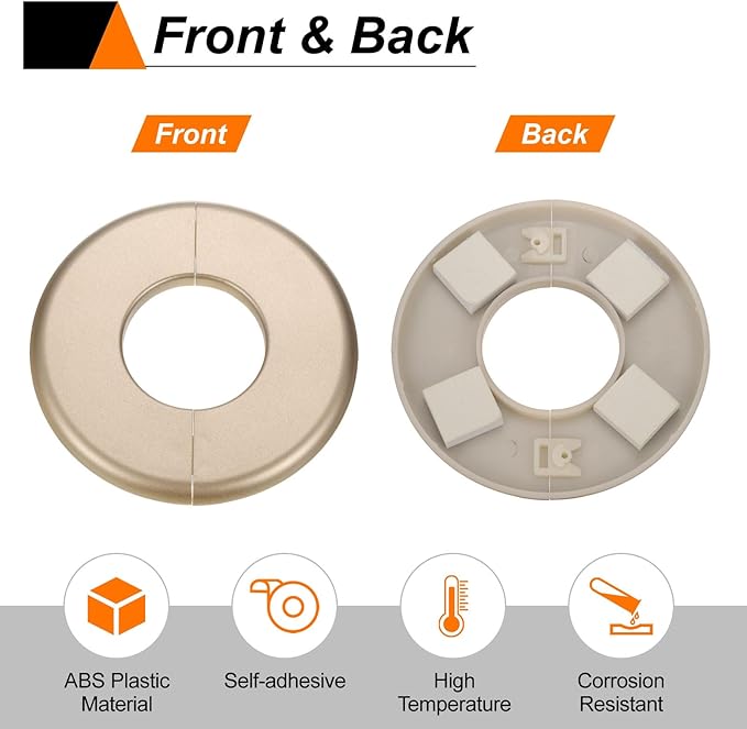 HARFINGTON 4pcs Wall Split Flange 26.5mm/1" Self-Adhesive Plumbing Cover Plates ABS Plastic Round Escutcheon Plate Buckle Design for Water Pipe Bathroom Kitchen Decoration, Gold Tone