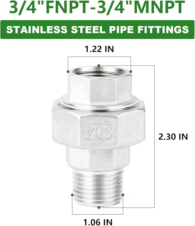TAISHER 1PCS 304 Stainless Steel Union，3/4" NPT Male x 3/4" NPT Female Cast Pipe Fitting