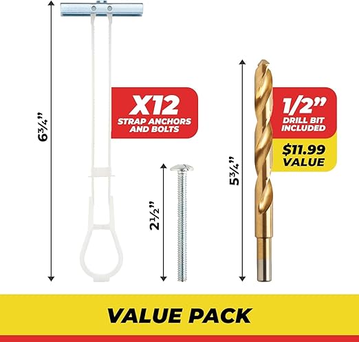 1/4”-20 Quick Easy Heavy Duty Toggle Anchors with Bolts - Hollow Wall Anchors with Steel Wings, Adjustable Up to 2 1/2" Thick Wall, Holds Up to 1080 Lbs, Heavy Duty Drill Bit Included (12 Pack)