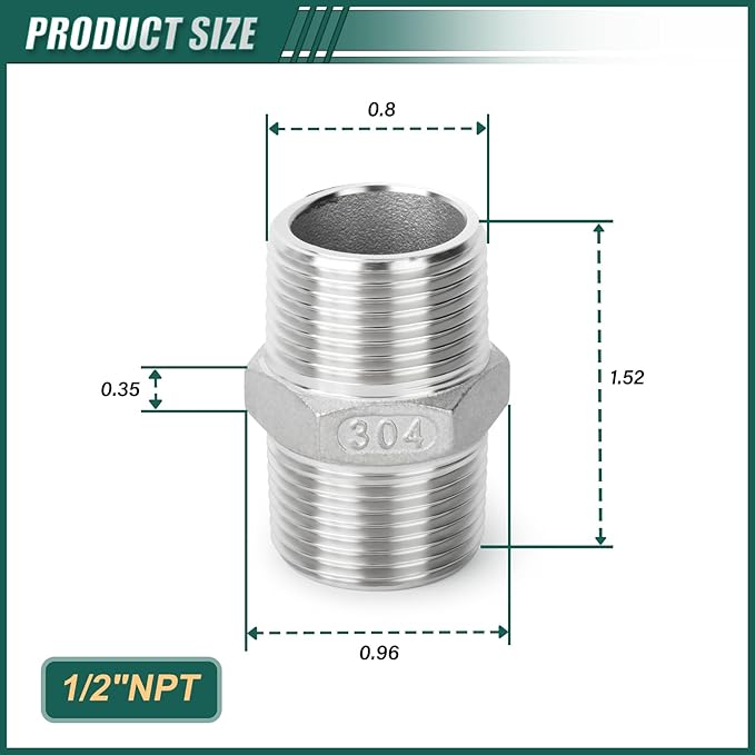 10PCS 304 Stainless Steel Hex Nipple, 1/2" Male NPT Straight Head Pipe Adapter Fittings, Equal Nipples Connectors for Oil, Water Line, Gas