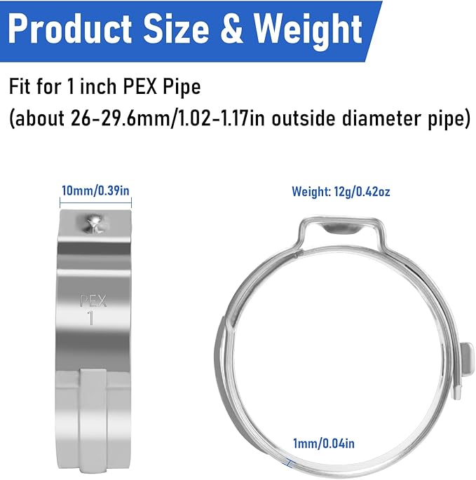 Kodilin 70-Pack 1 Pex Crimp Rings, Heavy-Duty 304 Stainless Steel Single Ear Pex Clamps Wider & Thicker Pex Cinch Clamps for Superior Grip & 360° Seal, Fits PEX Tubing Pipe Fitting Connections