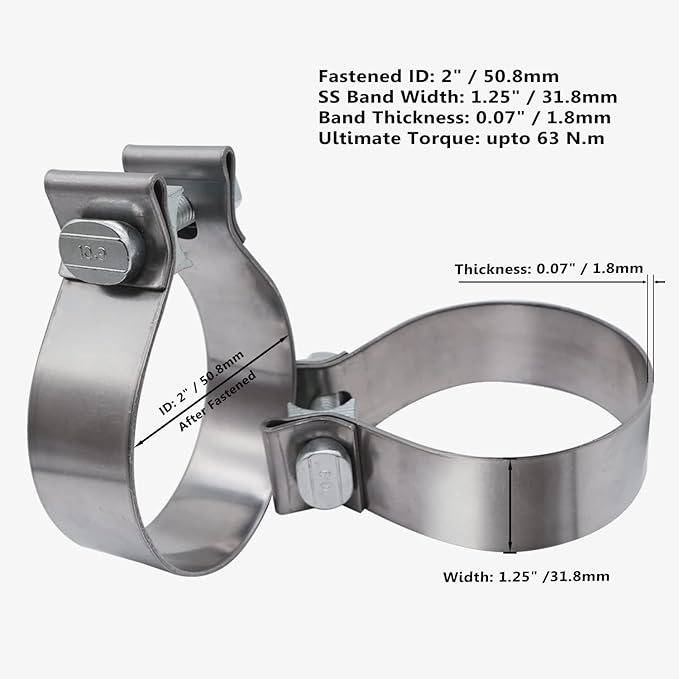 ROADFORMER 2 inch Exhaust Clamp Narrow Band Stainless Steel for Exhaust Pipe, Muffler and Exhaust System Repair (2 Pack)