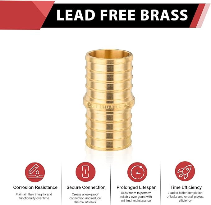 (Pack of 8) EFIELD Pex 1-Inch x 1-Inch Straight Couplings Brass Crimp Fittings, ASTM F1807,(PEX1807010-8PCS)