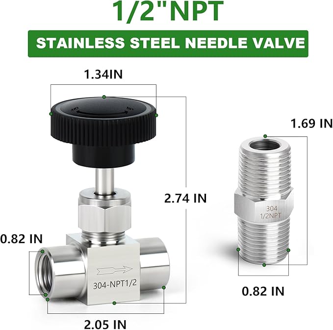 TAISHER 1PCS 304 Stainless Steel Straight Needle Valve 1/2" Female NPT For Flow Control Water Gas Oil With Nipple
