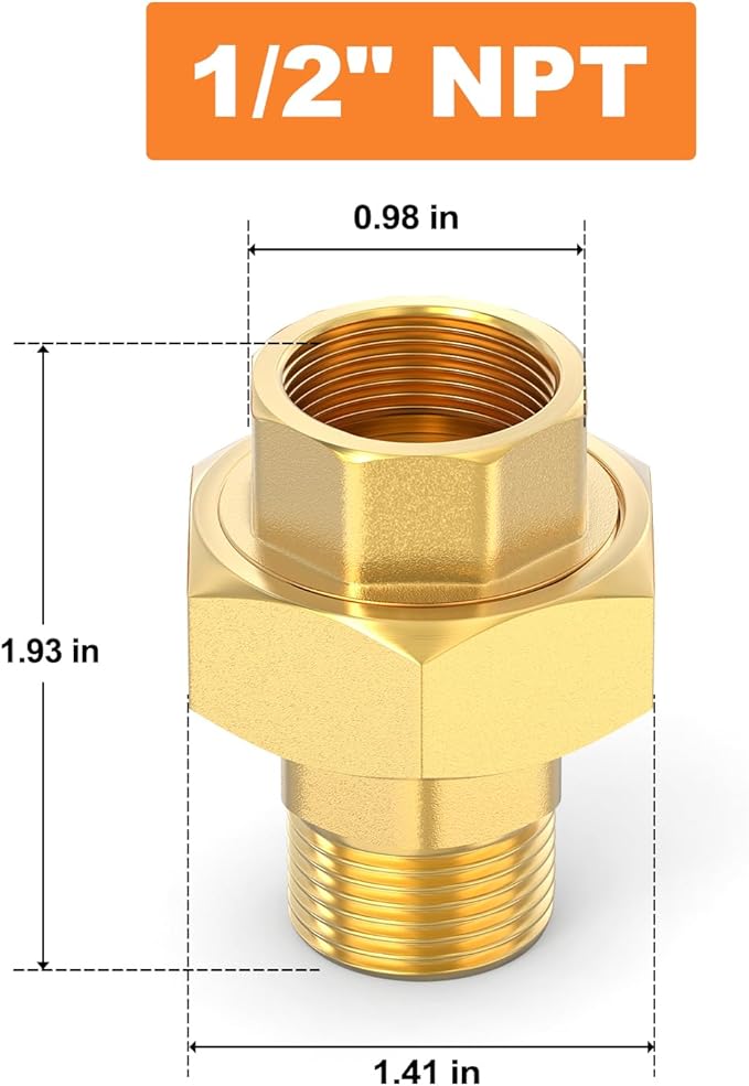 GASHER 1PC Brass Union，1/2" NPT Male x 1/2" NPT Female Pipe Fitting