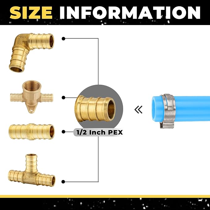 62 Pack Foskan 1/2 Inch PEX Brass Fittings Set, Includes 10pcs Elbows, 5pcs Tees, 5pcs Couplings, 2pcs Drop Ear Elbows,And 40pcs Copper Rings,PEX Crimp Barb Fitting Kit