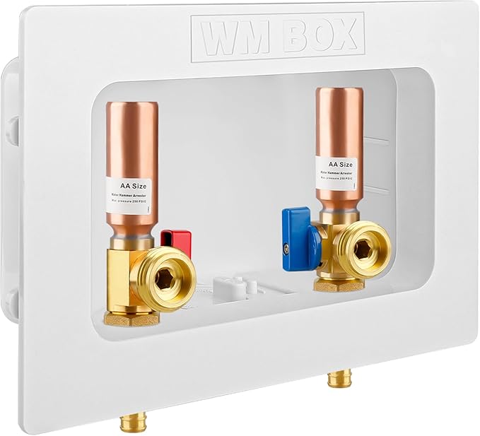 Washing Machine Outlet Box with Center Drain, 1/2" Crimp Pex F1807 Inlet x 3/4" MHT Outlet Connection with Hot and Cold 1/4-turn Shut-off Ball Valve and Copper Water Hammer Arrestor