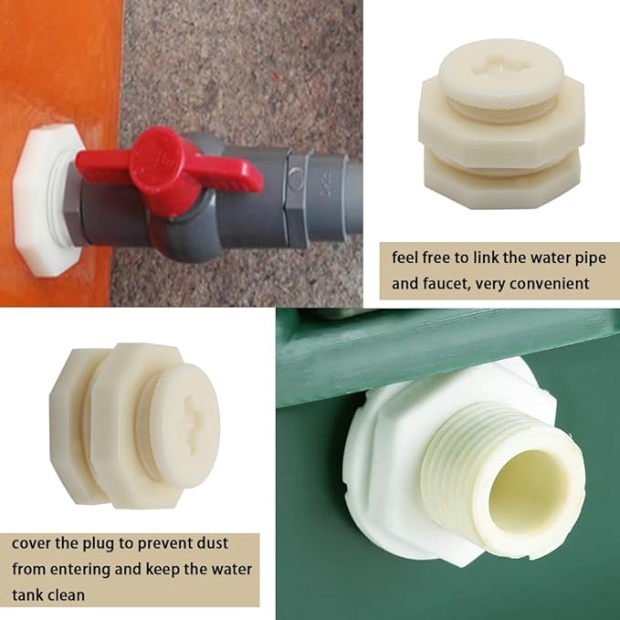 3/4 Female ABS Bulkhead Fitting, Plastic Water Tank Connector Adapter Fitting with Plugs for Outdoor rain Barrel Garden Hose Adapter Spigot kit Water Tank Gallon Drain Bucket(Set of 2)