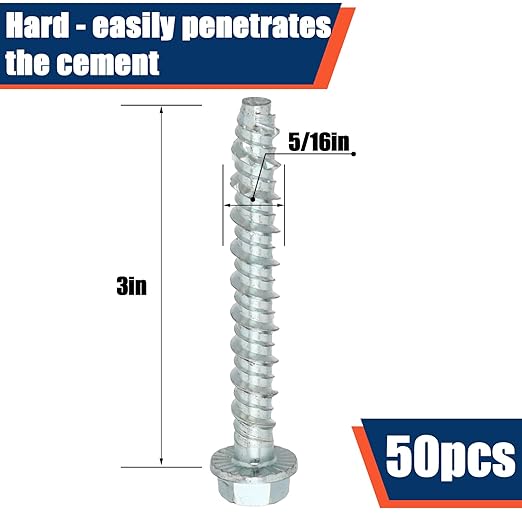 Tandefio 50 Pack 5/16" x 3" Concrete Screw Anchor Galvanized Large Diameter Heavy Duty Plated Concrete Anchors for Masonry Brick Anchoring Block Decking Framing Hex Drive