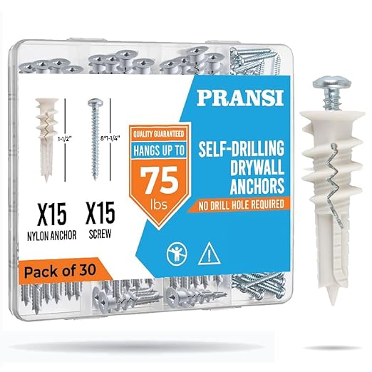 Drywall Anchors and Screws Kit – 30pcs #8 x 1-1/4” Self Drilling Anchors – No Pre-Drill Required – Heavy Duty Wall Anchors for Drywall – Holds Up to 75lbs